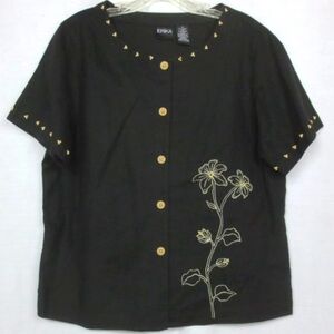 NEW Erika Top Black Cream Embroidered Beaded Linen Button Up Short Sleeve Size M